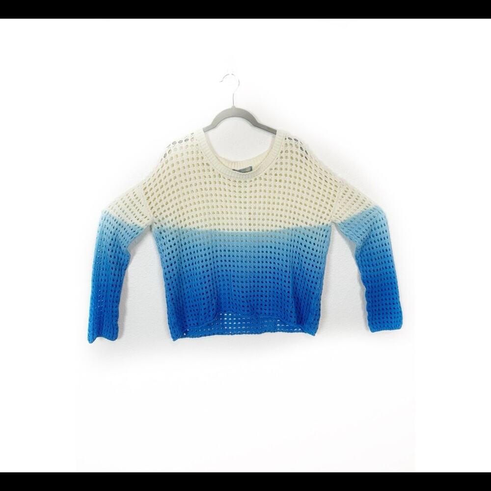 Good Luck Gem Cotton Sweater Women Size L Open Weave Ombré Blue Cream Beachy
